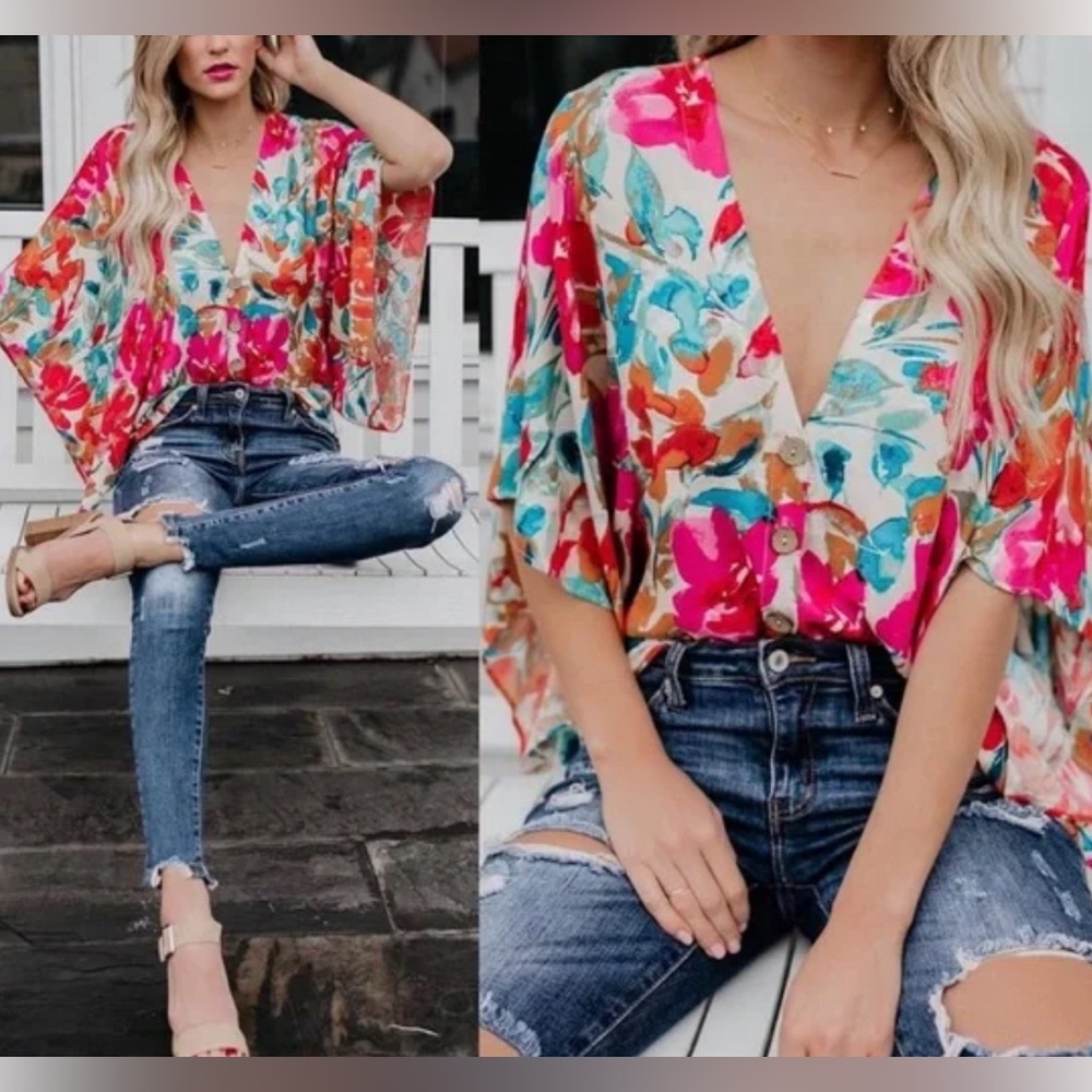 Vici Tropical Floral Kimono Top - Pink Orange Blue